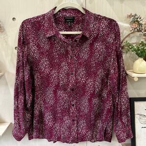 FOXCROFT Shaped Fit Button Up Blouse SZ 18W Wine Abstract Dot Rayon Shirt